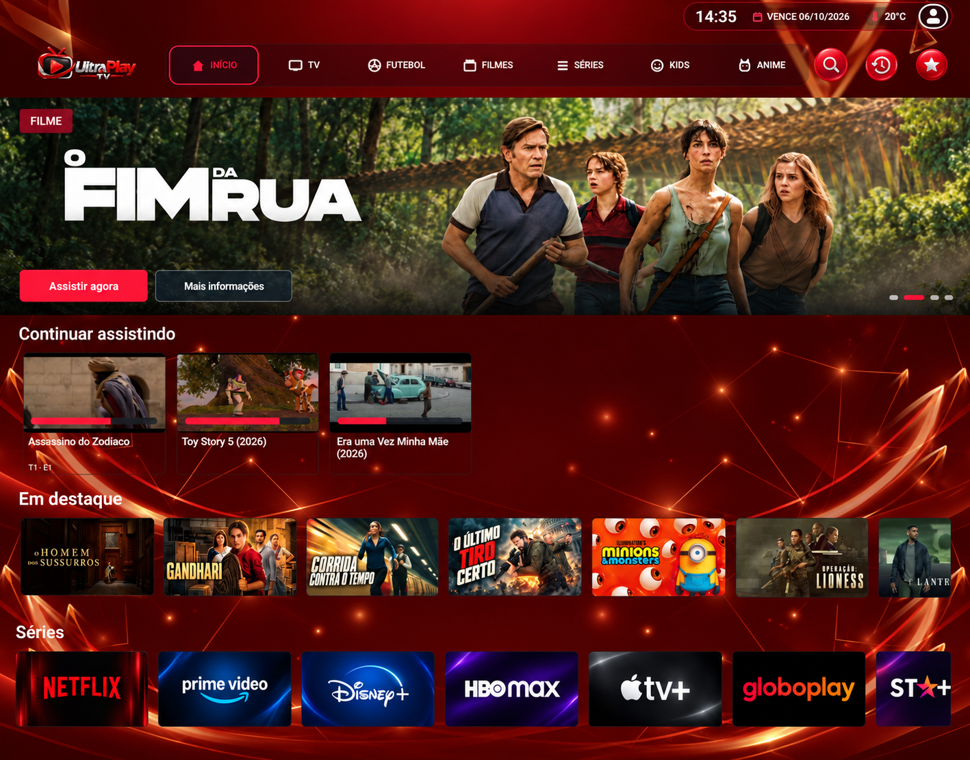 Tela real do UltraPlay TV com destaque, continuar assistindo e catálogo